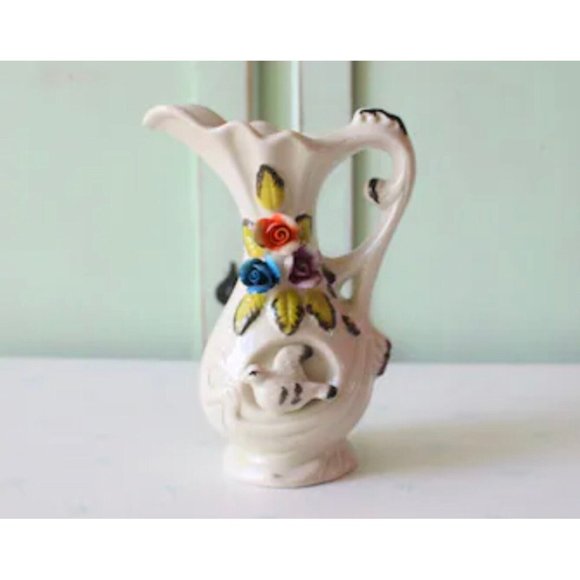 Vintage Hand Painted Floral Italian Lefton Pottery Pitcher Vase Spring - Picture 1 of 5